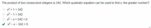 The product of two consecutive integers is 342. what quadratic equation can be used to find x, the g