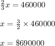 \frac{2}{3}x=460000\\\\x=\frac{3}{2}\times 460000\\\\x=\$690000