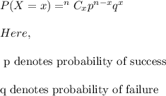 P(X=x)=^nC_xp^{n-x}q^x\\\\Here,\\\\\text{ p denotes probability of success}\\\\\text{q denotes probability of failure}