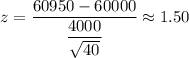 z=\dfrac{60950-60000}{\dfrac{4000}{\sqrt{40}}}\approx1.50