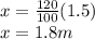 x = \frac {120} {100} (1.5)\\x = 1.8 m