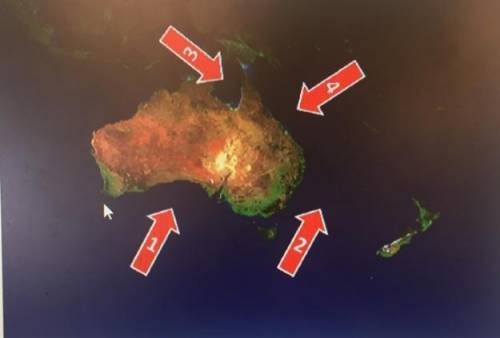 Which body of water is arrow four (4) pointing to on the map above?  a. the coral sea b. the tasman