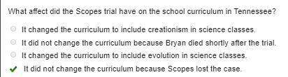 What effect did the scopes trial have on the school in curriculum tennessee?