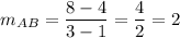 m_{AB}=\dfrac{8-4}{3-1}=\dfrac{4}{2}=2