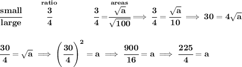 \bf \cfrac{small}{large}\qquad \stackrel{ratio}{\cfrac{3}{4}}\qquad \qquad \cfrac{3}{4}=\stackrel{areas}{\cfrac{\sqrt{a}}{\sqrt{100}}}\implies \cfrac{3}{4}=\cfrac{\sqrt{a}}{10}\implies 30=4\sqrt{a} \\\\\\ \cfrac{30}{4}=\sqrt{a}\implies \left( \cfrac{30}{4} \right)^2=a\implies \cfrac{900}{16}=a\implies \cfrac{225}{4}=a