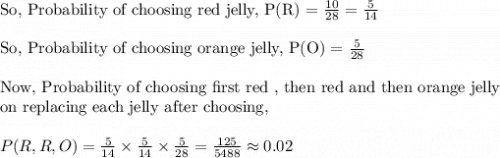 \text{So, Probability of choosing red jelly, P(R) = }\frac{10}{28}=\frac{5}{14}\\\\\text{So, Probability of choosing orange jelly, P(O) = }\frac{5}{28}\\\\\text{Now, Probability of choosing first red , then red and then orange jelly}\\\text{on replacing each jelly after choosing, }\\\\P(R,R,O) = \frac{5}{14}\times \frac{5}{14}\times \frac{5}{28}=\frac{125}{5488}\approx 0.02