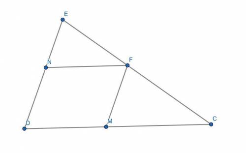 The perimeter of △cde is 55 cm. a rhombus dmfn is inscribed in this triangle so that vertices m, f,