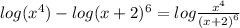 log( {x}^{4} )  - log(x + 2)^{6}   =  log\frac{ {x}^{4} }{ {(x + 2)}^{6} }