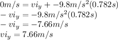0m/s=vi_y+-9.8m/s^{2}(0.782s)\\-vi_y=-9.8m/s^{2}(0.782s)\\-vi_y=-7.66m/s\\vi_y=7.66m/s