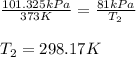 \frac{101.325kPa}{373K}=\frac{81kPa}{T_2}\\\\T_2=298.17K