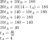20t_A+10t_B=180\\20t_A + 10(14-t_A)=180\\20t_A + 140-10t_A=180\\10t_A + 140=180\\10t_A=180-140\\10t_A=40\\t_A=\frac{40}{10} \\t_A=4