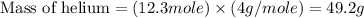 \text{Mass of helium}=(12.3mole)\times (4g/mole)=49.2g