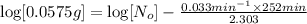 \log[0.0575 g]=\log[N_o]-\frac{0.033 min^{-1}\times 252 min}{2.303}