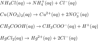 NH_4Cl(aq)\rightarrow NH_4^+(aq)+Cl^-(aq)\\\\Cu(NO_3)_2(aq)\rightarrow Cu^{2+}(aq)+2NO_3^-(aq)\\\\CH_3COOH(aq)\rightarrow CH_3COO^-(aq)+H^+(aq)\\\\HgCl_2(aq)\rightarrow Hg^{2+}(aq)+2Cl^-(aq)