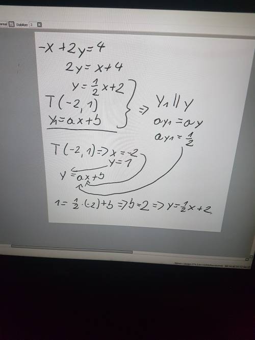 What is an equation of rhe line that is perpendicular to -x+2y=4 and passes through the point (-2,1)