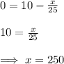 0=10-\frac{x}{25}\\\\10=\frac{x}{25}\\\\\implies x=250