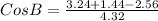 Cos B = \frac{3.24+1.44-2.56}{4.32}