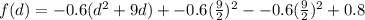 f(d)=-0.6(d^2+9d)+-0.6(\frac{9}{2})^2- -0.6(\frac{9}{2})^2+ 0.8
