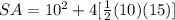 SA=10^{2} +4[\frac{1}{2}(10)(15)]