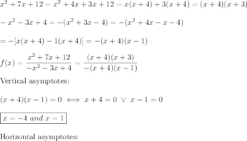 x^2+7x+12=x^2+4x+3x+12=x(x+4)+3(x+4)=(x+4)(x+3)\\\\-x^2-3x+4=-(x^2+3x-4)=-(x^2+4x-x-4)\\\\=-[x(x+4)-1(x+4)]=-(x+4)(x-1)\\\\f(x)=\dfrac{x^2+7x+12}{-x^2-3x+4}=\dfrac{(x+4)(x+3)}{-(x+4)(x-1)}\\\\\text{Vertical asymptotes:}\\\\(x+4)(x-1)=0\iff x+4=0\ \vee\ x-1=0\\\\\boxed{x=-4\ and\ x=1}\\\\\text{Horizontal asymptotes:}