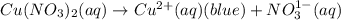 Cu(NO_3)_2(aq)\rightarrow Cu^{2+}(aq)(blue)+ NO_{3}^{1-}(aq)