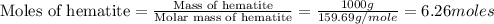 \text{Moles of hematite}=\frac{\text{Mass of hematite}}{\text{Molar mass of hematite}}=\frac{1000g}{159.69g/mole}=6.26moles