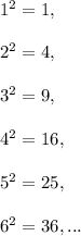 1^2=1,\\ \\2^2=4,\\ \\3^2=9,\\ \\4^2=16,\\ \\5^2=25,\\ \\6^2=36,...