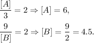 \dfrac{[A]}{3}=2\Rightarrow [A]=6,\\ \\\dfrac{9}{[B]}=2\Rightarrow [B]=\dfrac{9}{2}=4.5.