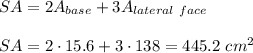 SA=2A_{base}+3A_{lateral\ face}\\ \\SA=2\cdot 15.6+3\cdot 138=445.2\ cm^2