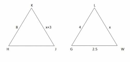 In triangles △khj and △lgw, m∠k=m∠l, m∠h=m∠g, kh=8, lg=4, gw=2.5, and kj=lw+3. find the unknown side