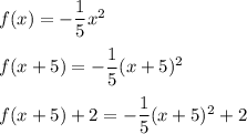 f(x)=-\dfrac{1}{5}x^2\\\\f(x+5)=-\dfrac{1}{5}(x+5)^2\\\\f(x+5)+2=-\dfrac{1}{5}(x+5)^2+2