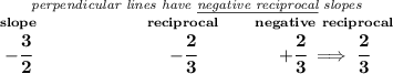 \bf \stackrel{\textit{perpendicular lines have \underline{negative reciprocal} slopes}} {\stackrel{slope}{-\cfrac{3}{2}}\qquad \qquad \qquad \stackrel{reciprocal}{-\cfrac{2}{3}}\qquad \stackrel{negative~reciprocal}{+\cfrac{2}{3}\implies \cfrac{2}{3}}}