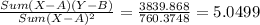 \frac{Sum(X-A)(Y-B)}{Sum(X-A)^2}=\frac{3839.868}{760.3748}=5.0499
