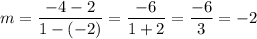 m=\dfrac{-4-2}{1-(-2)}=\dfrac{-6}{1+2}=\dfrac{-6}{3}=-2