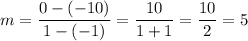 m=\dfrac{0-(-10)}{1-(-1)}=\dfrac{10}{1+1}=\dfrac{10}{2}=5