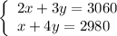 \left\{\begin{array}{l}2x+3y=3060\\x+4y=2980\end{array}\right.
