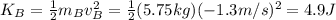 K_B = \frac{1}{2}m_B v_B^2=\frac{1}{2}(5.75 kg)(-1.3 m/s)^2=4.9 J