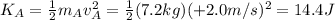 K_A = \frac{1}{2}m_A v_A^2=\frac{1}{2}(7.2 kg)(+2.0 m/s)^2=14.4 J