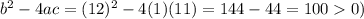b^2-4ac=(12)^2-4(1)(11)=144-44=1000)