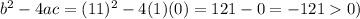 b^2-4ac=(11)^2-4(1)(0)=121-0=-1210)