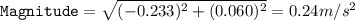 \texttt{Magnitude}=\sqrt{(-0.233)^2+(0.060)^2}=0.24m/s^2