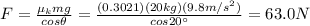 F=\frac{\mu_k mg}{cos \theta}=\frac{(0.3021)(20 kg)(9.8 m/s^2)}{cos 20^{\circ}}=63.0 N
