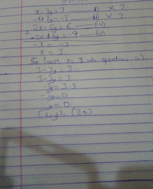X-3y=3 -x+2y=-3 linear equations by elimination