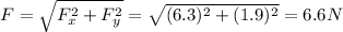 F=\sqrt{F_x^2 +F_y^2}=\sqrt{(6.3)^2+(1.9)^2}=6.6 N