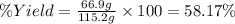 \% Yield=\frac{66.9 g}{115.2 g}\times 100=58.17\%