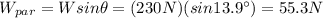 W_{par} = W sin \theta = (230 N)(sin 13.9^{\circ}) =55.3 N