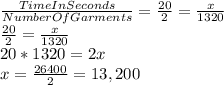 \frac{TimeInSeconds}{NumberOfGarments}=\frac{20}{2}=\frac{x}{1320}}\\\frac{20}{2}=\frac{x}{1320}\\20*1320=2x\\x=\frac{26400}{2}=13,200