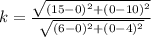 k = \frac{\sqrt{(15 - 0)^2+(0-10)^2 }}{\sqrt{(6 - 0)^2+(0-4)^2}}