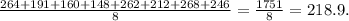 \frac{264+191+160+148+262+212+268+246}{8} =\frac{1751}{8} =218.9.