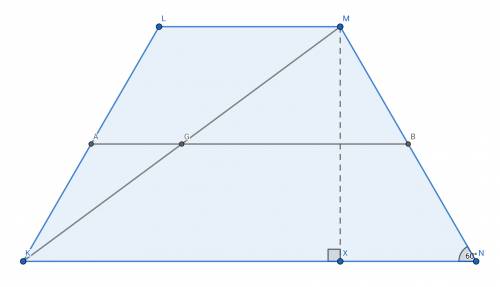 Given:  klmn is a trapezoid, kl=mn,ab is a midsegment, a f=2, fb=5, mn=6 find:  m∠n, m∠k, m∠l, and m